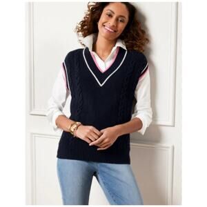 Talbots Cable Knit V Neck Sweater Vest Cricket Tennis Preppy Womens L Navy Pink